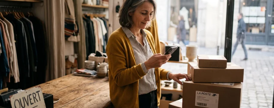 Un commerçant consulte une notification SMS sur son smartphone dans sa boutique.