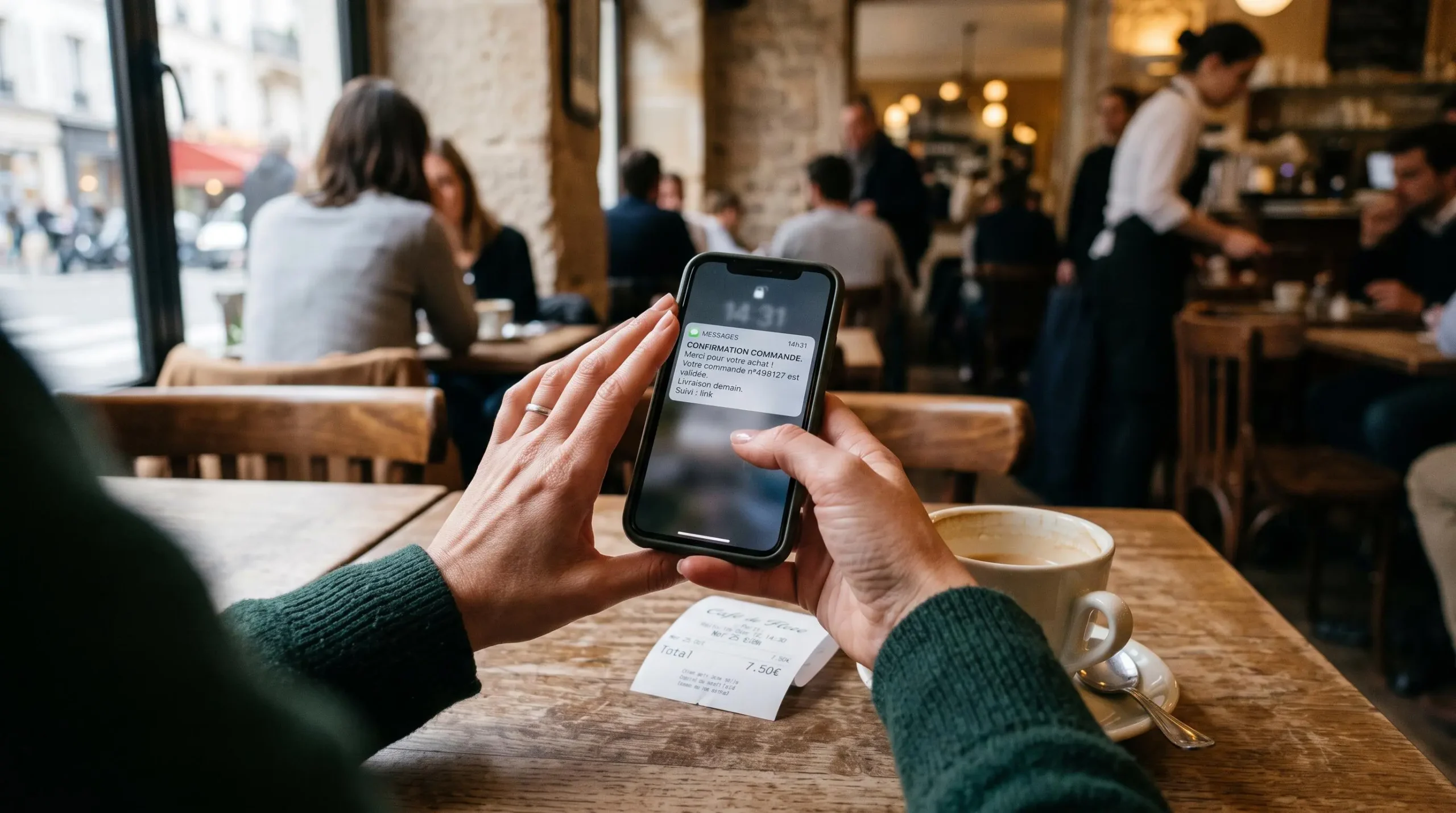 Des mains tenant un smartphone affichant une confirmation SMS à une table de café.