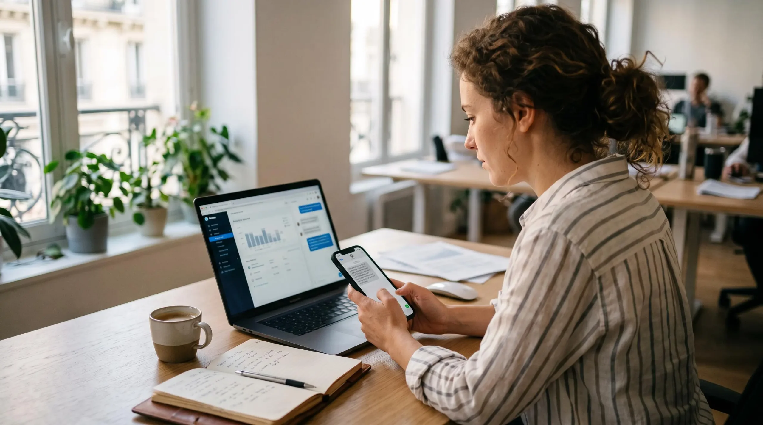 Une responsable marketing compare des campagnes SMS sur un ordinateur et un smartphone.